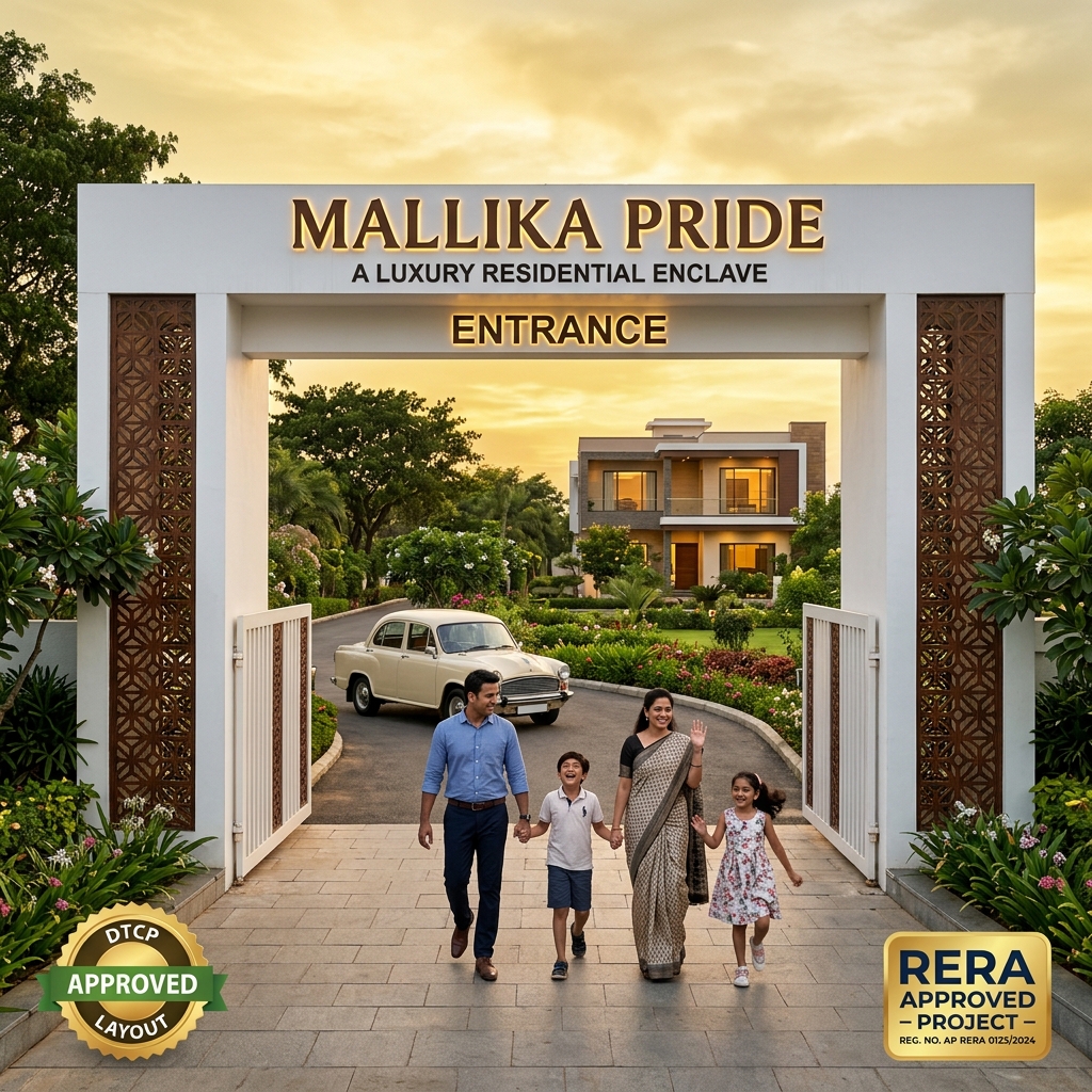 Mallika Pride entrance gate with family – DTCP & RERA approved layout in Punal Kulam